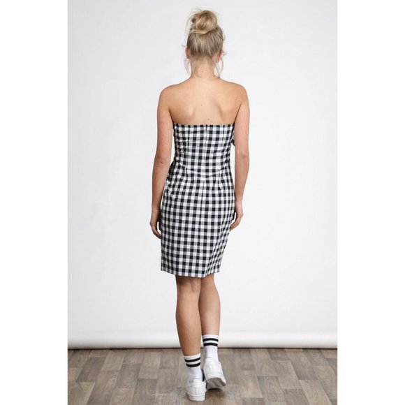 Women's Strapless Tie Front Fitted Dress Sexy & Super Cute Checkered Dress - Picture 10 of 12